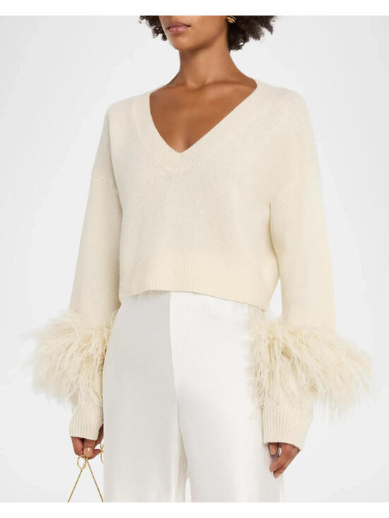 Milly Sweaters - NEW,  Milly Feather Cuff V-Neck Sweater in Ecru Sz S #S7603